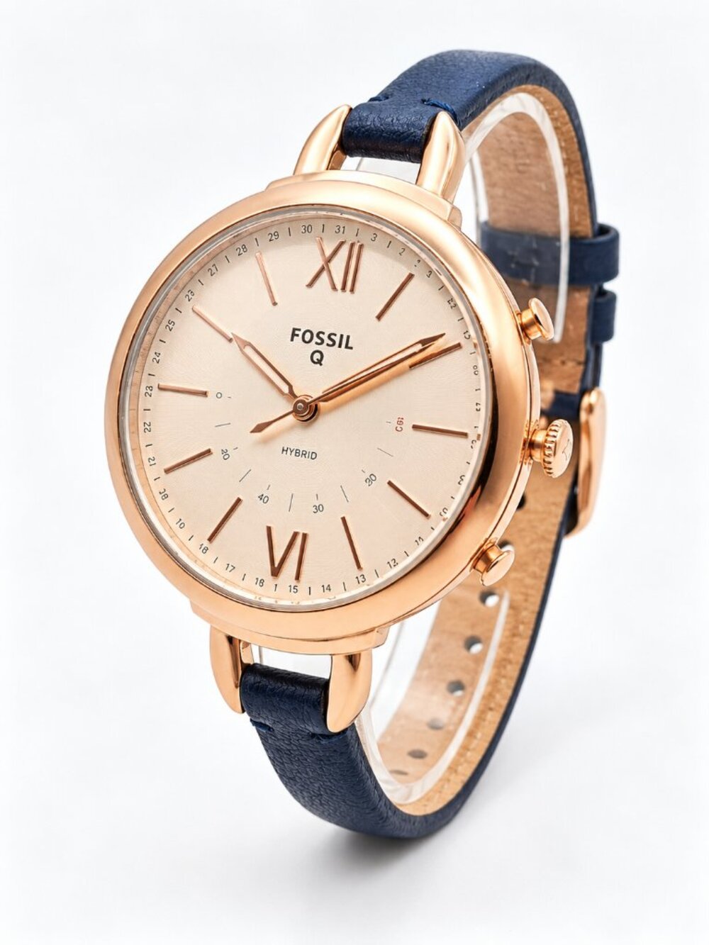 Fossil Q Hybrid Rose Gold Women's Watch Black Leather Strap